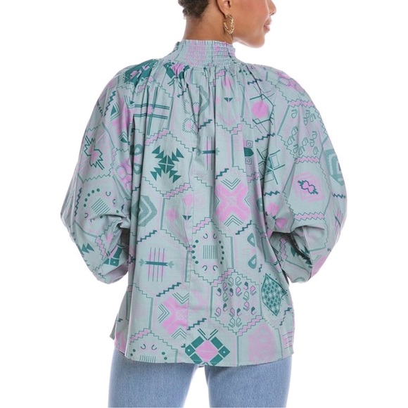 SHERIDAN FRENCH Becca Blouse Preppy Top w Puff Long Sleeves Ruffle Smocked Neck - Picture 4 of 16